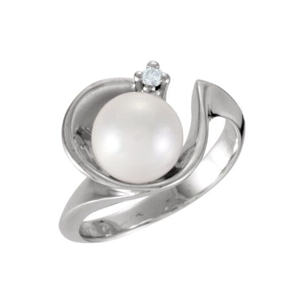 14K White Cultured White Akoya Pearl & .03 CTW Natural Diamond Ring
