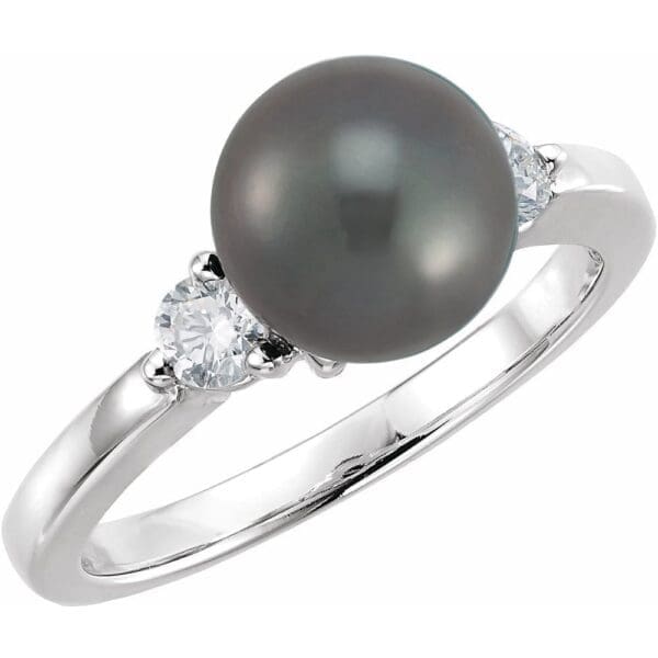 14K White Cultured Black Akoya Pearl & 1/4 CTW Natural Diamond Ring