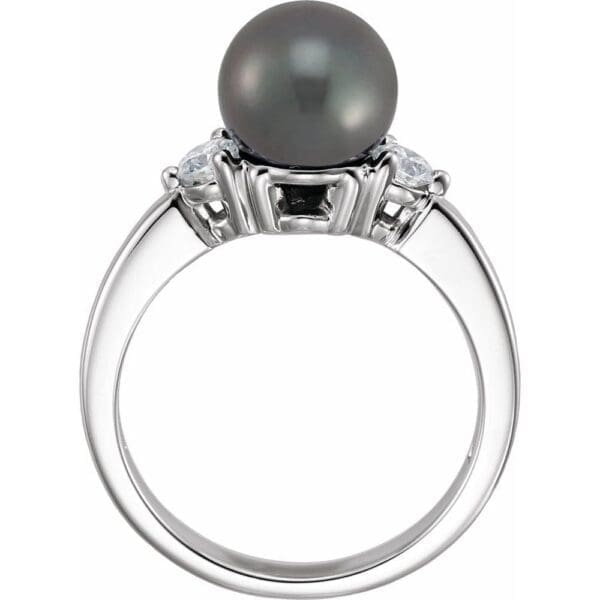 14K White Cultured Black Akoya Pearl & 1/4 CTW Natural Diamond Ring - Image 2