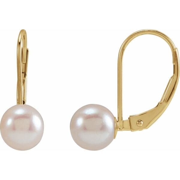 14K Yellow Cultured White Akoya Pearl Lever Back Earrings - Image 2