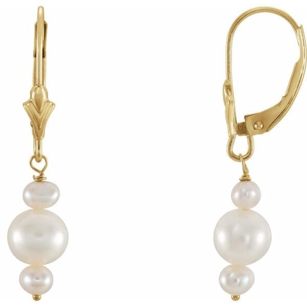 14K Yellow Cultured White Freshwater Pearl Earrings - Image 2