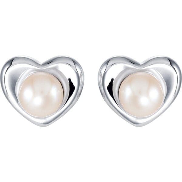 Sterling Silver Cultured White Freshwater Pearl Heart Earrings - Image 2