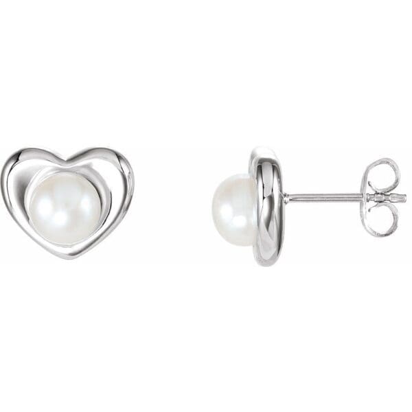 Sterling Silver Cultured White Freshwater Pearl Heart Earrings