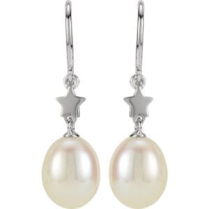 14K White Cultured White Freshwater Pearl Star Earrings