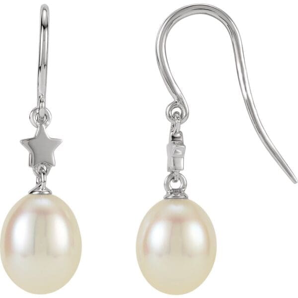 14K White Cultured White Freshwater Pearl Star Earrings - Image 2