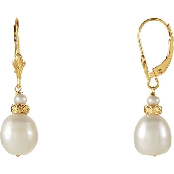 14K Yellow Cultured White Freshwater Pearl Earrings - Image 2
