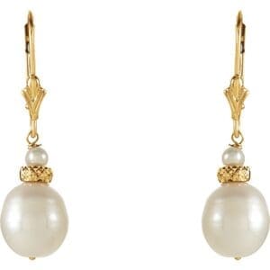14K Yellow Cultured White Freshwater Pearl Earrings