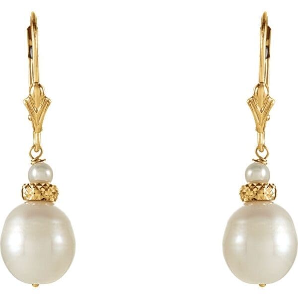 14K Yellow Cultured White Freshwater Pearl Earrings