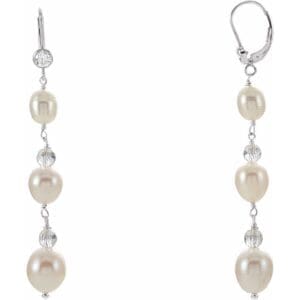 Sterling Silver Cultured White Freshwater Pearl & Imitation Cubic Zirconia Earrings