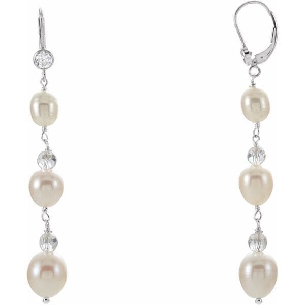 Sterling Silver Cultured White Freshwater Pearl & Imitation Cubic Zirconia Earrings