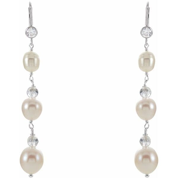 Sterling Silver Cultured White Freshwater Pearl & Imitation Cubic Zirconia Earrings - Image 2