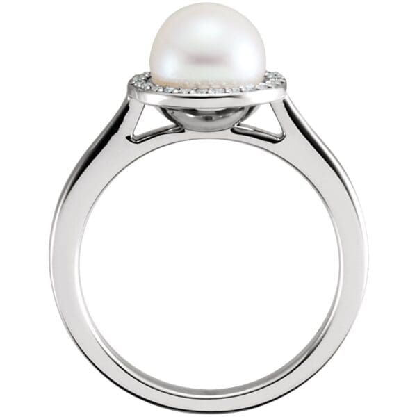 14K White Cultured White Freshwater Pearl & .06 CTW Natural Diamond Halo-Style Ring - Image 2