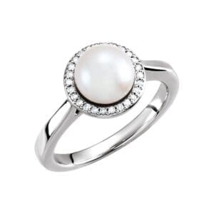 14K White Cultured White Freshwater Pearl & .06 CTW Natural Diamond Halo-Style Ring