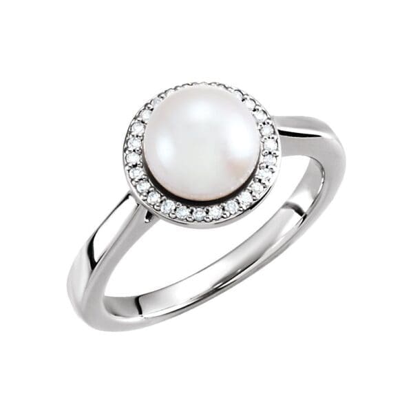 14K White Cultured White Freshwater Pearl & .06 CTW Natural Diamond Halo-Style Ring
