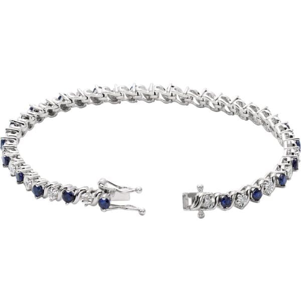 14K White Lab-Grown Blue Sapphire & 1/10 CTW Natural Diamond Line 7" Bracelet - Image 3