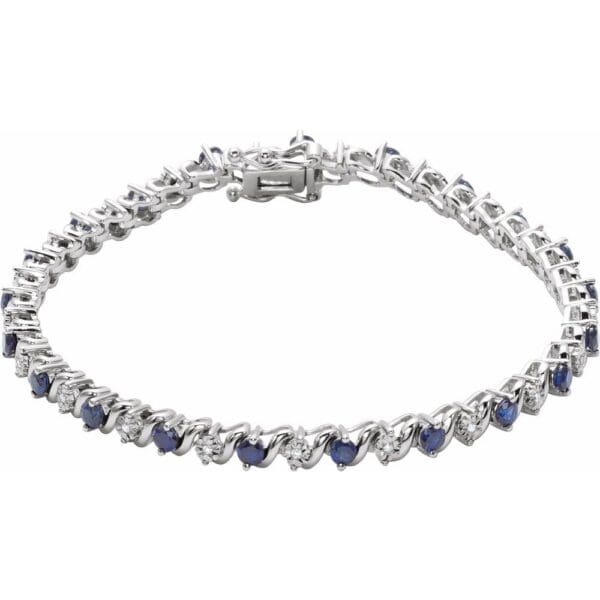 14K White Lab-Grown Blue Sapphire & 1/10 CTW Natural Diamond Line 7" Bracelet