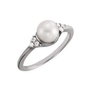 14K White 6.5-7 mm Cultured Freshwater White Pearl & .09 CTW Natural Diamond Ring