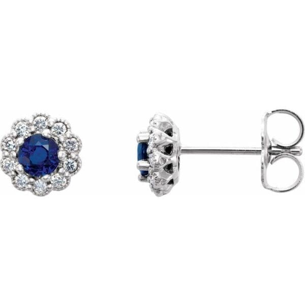 Platinum 3.2 mm Natural Blue Sapphire & 1/8 CTW Natural Diamond Earrings - Image 2