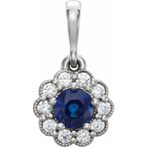 14K White Natural Blue Sapphire & 1/8 CTW Natural Diamond Pendant