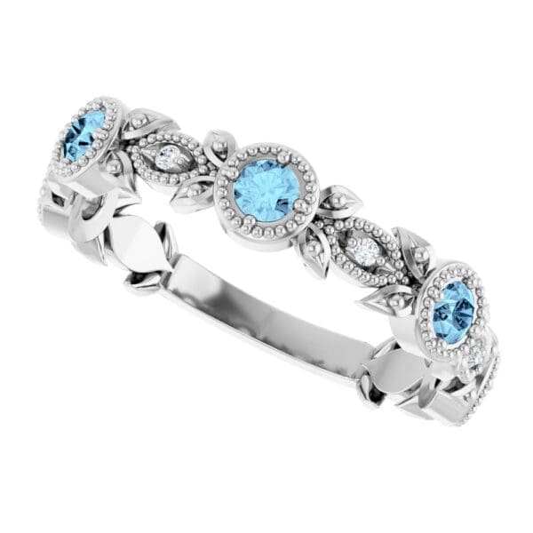14K White Natural Aquamarine & .03 CTW Natural Diamond Leaf Ring - Image 2
