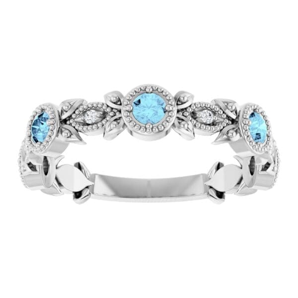 14K White Natural Aquamarine & .03 CTW Natural Diamond Leaf Ring - Image 3