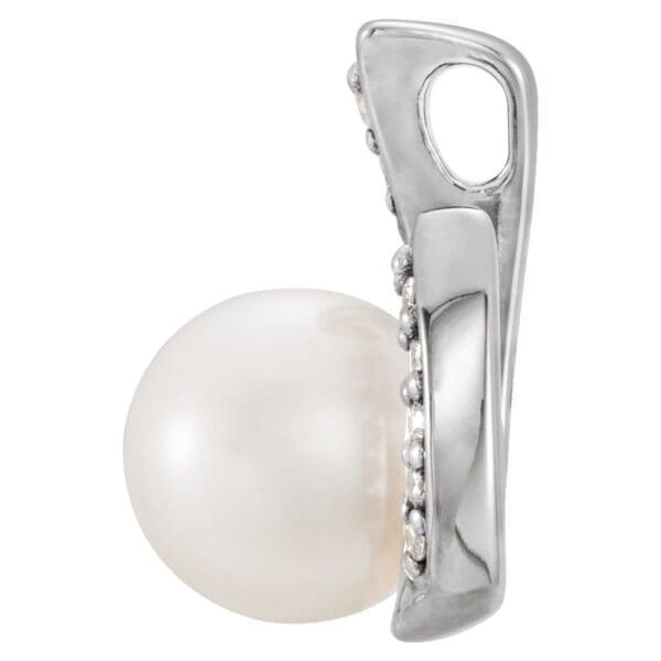 14K White Cultured White Freshwater Pearl & .06 CTW Natural Diamond Pendant - Image 2