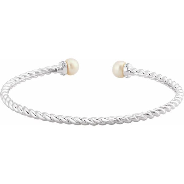14K White Cultured White Freshwater Pearl & 1/10 CTW Natural Diamond Cuff 7" Bracelet - Image 2