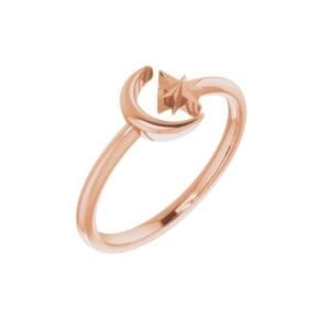 14K Rose Crescent Moon & Star Negative Space Ring