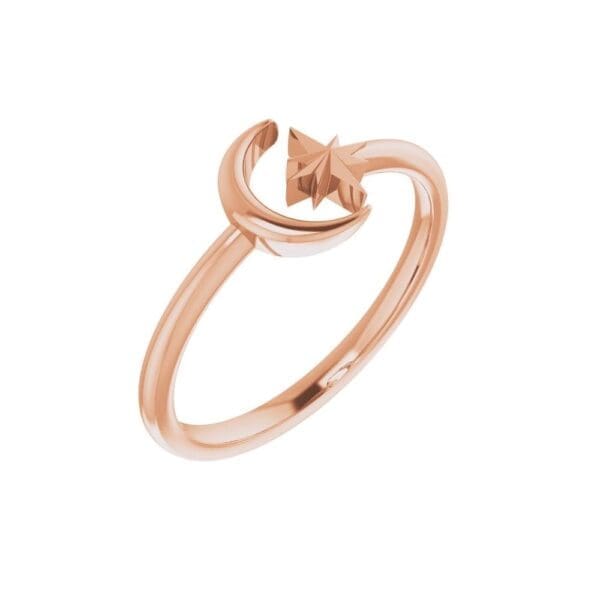 14K Rose Crescent Moon & Star Negative Space Ring