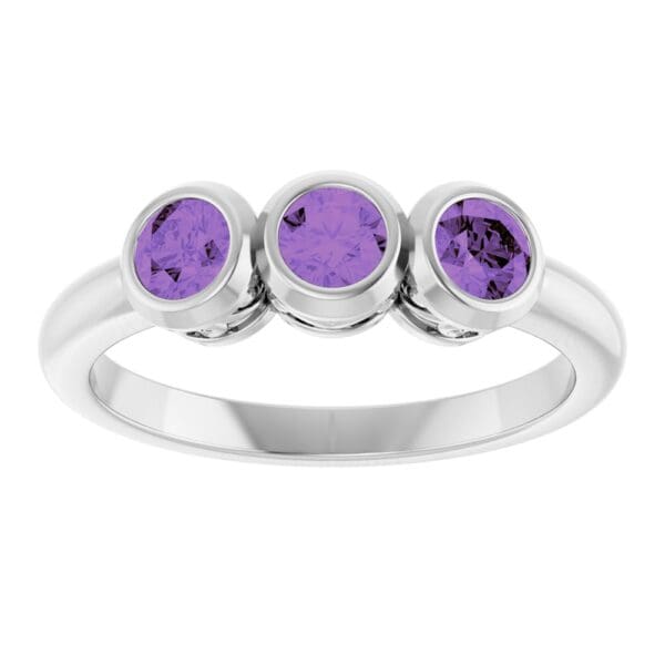 14K White Natural Amethyst Three-Stone Ring - Image 3