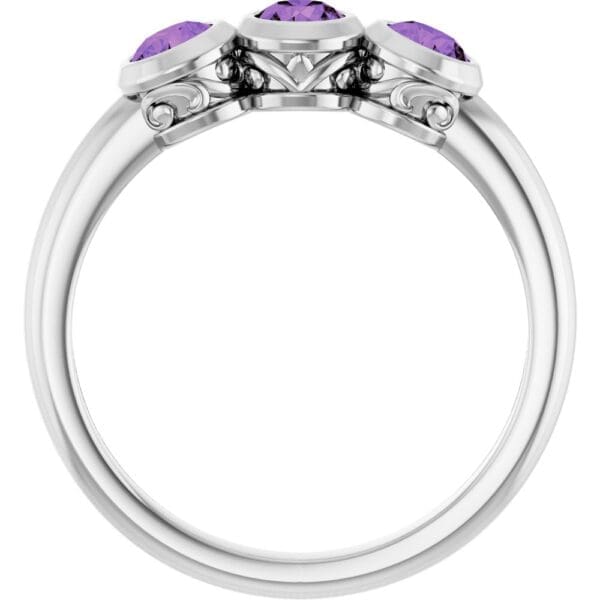 14K White Natural Amethyst Three-Stone Ring - Image 4