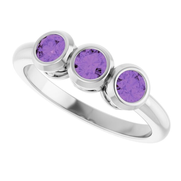 14K White Natural Amethyst Three-Stone Ring - Image 2