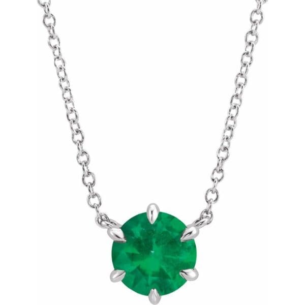 14K White Lab-Grown Emerald Solitaire 18" Necklace