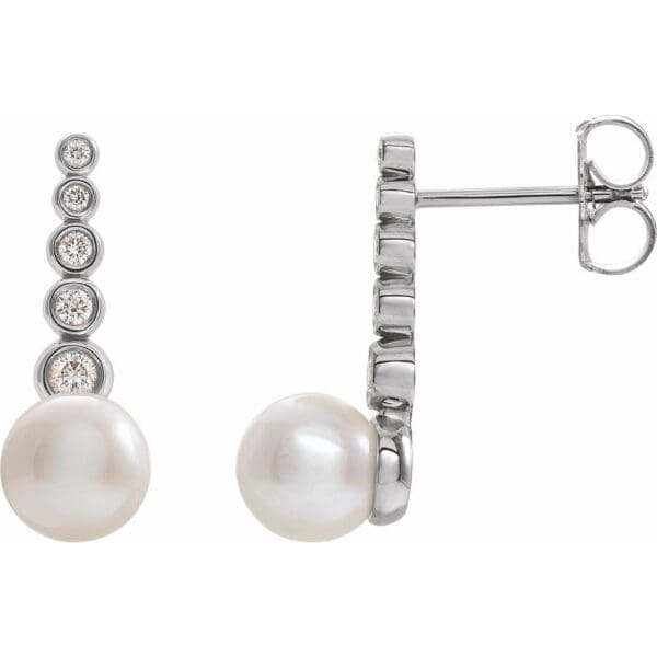 Platinum Cultured White Freshwater Pearl & 1/8 CTW Natural Diamond Earrings - Image 3