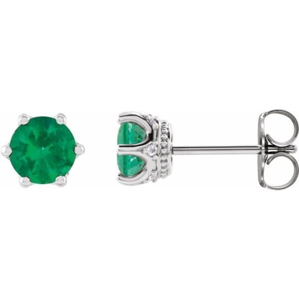 14K White 5 mm Natural Emerald & .03 CTW Natural Diamond Crown Earrings