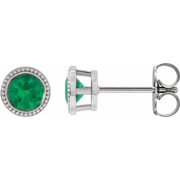 Platinum 5 mm Lab-Grown Emerald Beaded Bezel-Set Earrings - Image 2