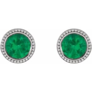 Platinum 5 mm Lab-Grown Emerald Beaded Bezel-Set Earrings