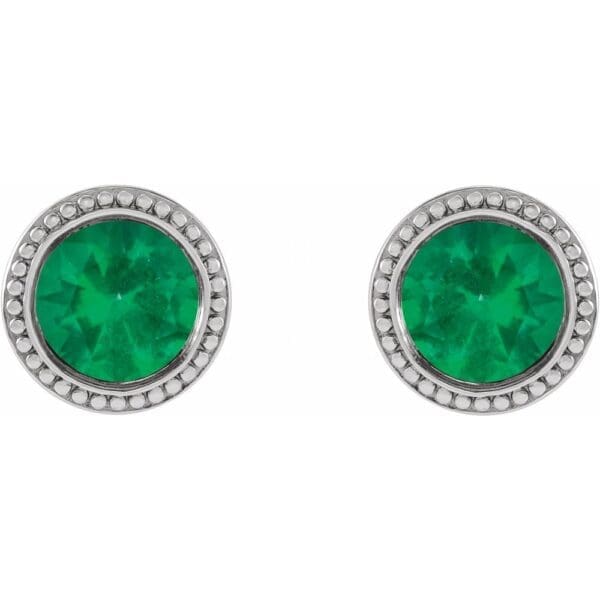 Platinum 5 mm Lab-Grown Emerald Beaded Bezel-Set Earrings