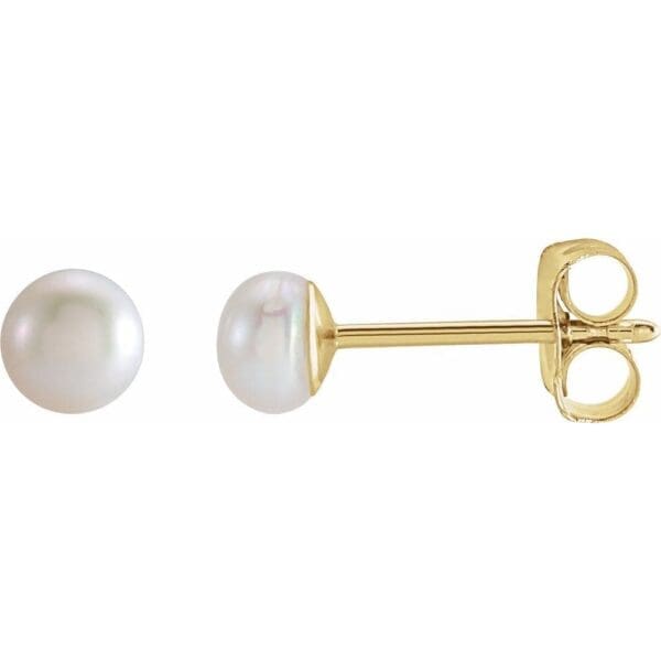 14K Yellow 3 mm Cultured White Freshwater Pearl Earrings - Image 3