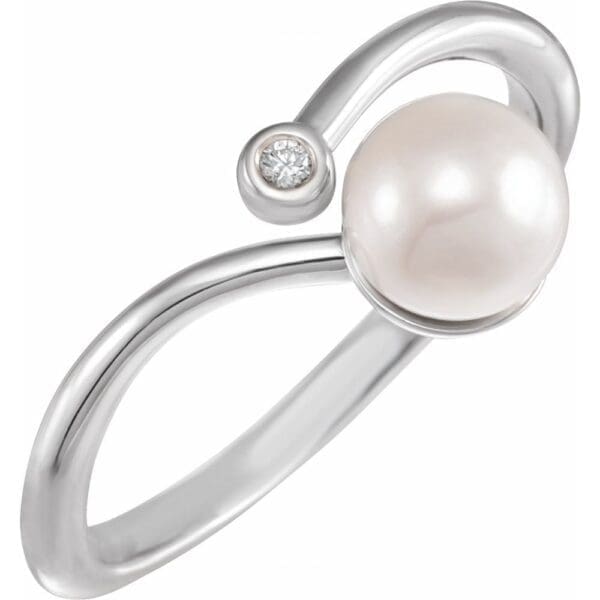 14K White Cultured White Akoya Pearl & .015 CT Natural Diamond Freeform Ring