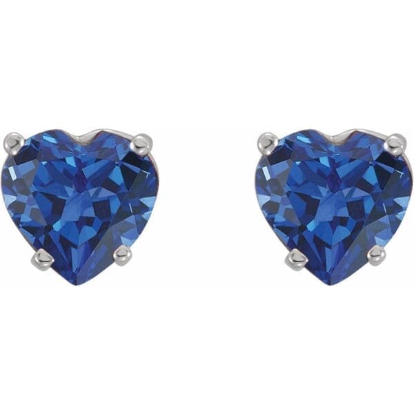 14K White Lab-Grown Blue Sapphire Heart Earrings - Image 2