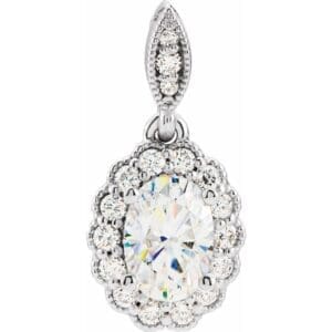 14K White 7x5 mm Oval Forever One™ Lab-Grown Moissanite & 1/5 CTW Natural Diamond Pendant