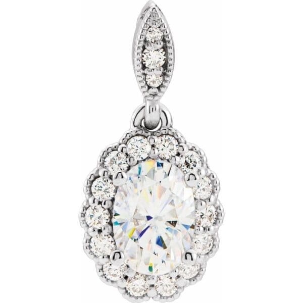 14K White 7x5 mm Oval Forever One™ Lab-Grown Moissanite & 1/5 CTW Natural Diamond Pendant