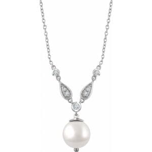 14K White Cultured White Freshwater Pearl & 1/6 CTW Natural Diamond 16-18" Necklace