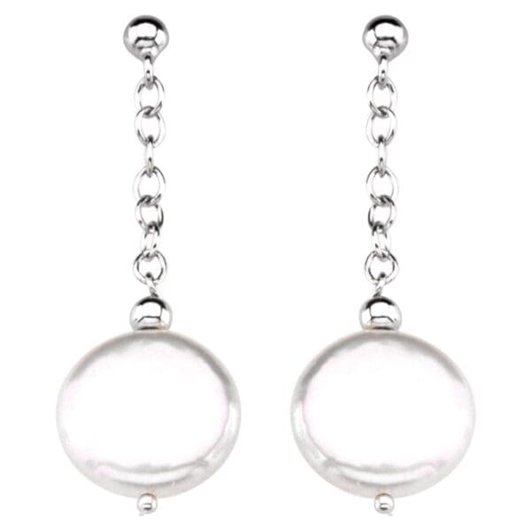 Sterling Silver Cultured White Freshwater Coin Pearl Earrings - Image 2