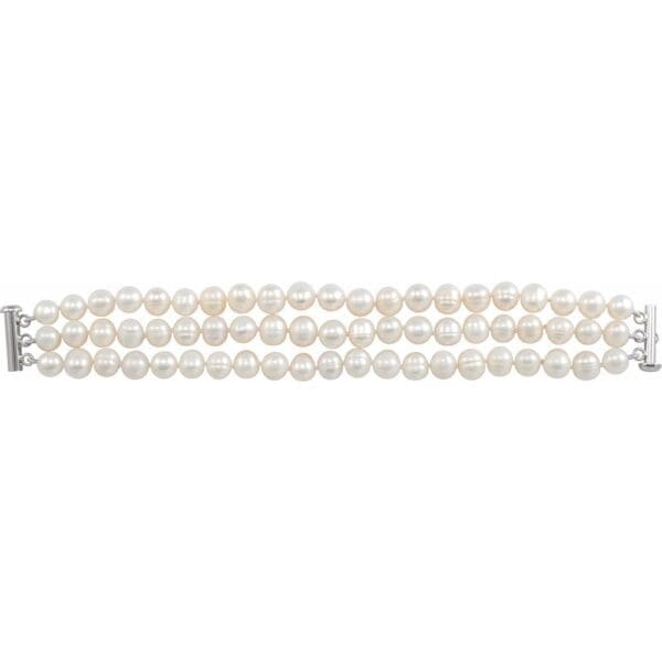 Sterling Silver Cultured White Freshwater Pearl Triple Strand 7 1/4" Bracelet - Image 2