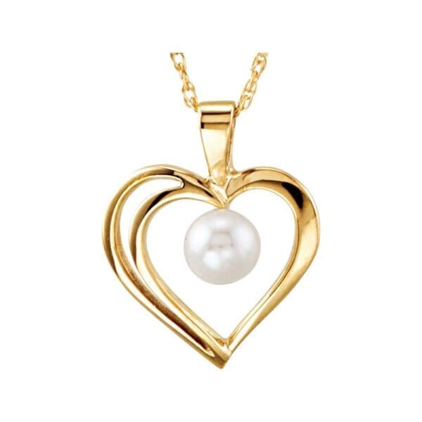 14K Yellow Cultured White Akoya Pearl Heart 18" Necklace