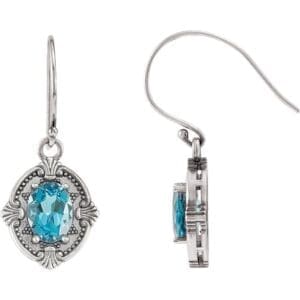 Sterling Silver Natural Swiss Blue Topaz & Imitation White Cubic Zirconia Earrings