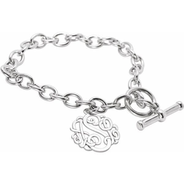 Sterling Silver 20 mm 3-Letter Script Monogram Charm Bracelet